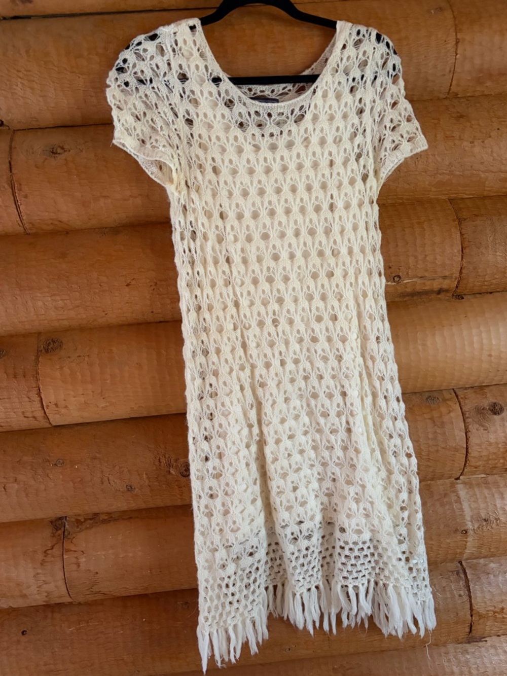 American Eagle Outfitters Cream Crochet Fringe Open knit Sweater Dress